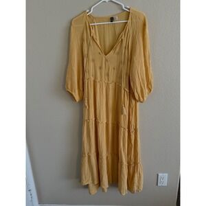 H&M Divided Yellow Crinkle Gauze Tiered Midi Dress Embroidered Boho Tassel XL